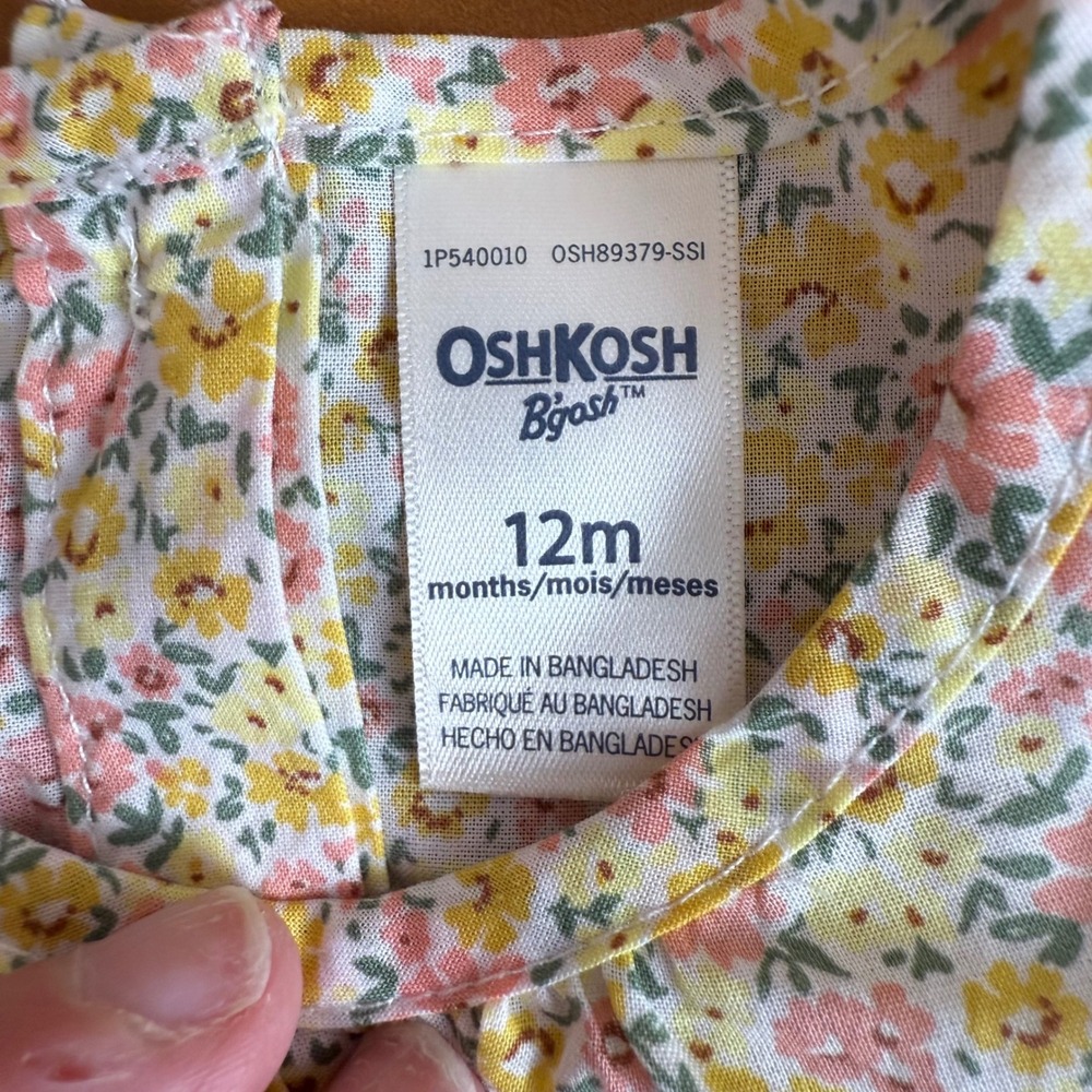 SALE OshKosh B'gosh Baby Girl 12m Floral Bubble Romper Short Sleeve Tie Sleeve - Picture 2 of 7